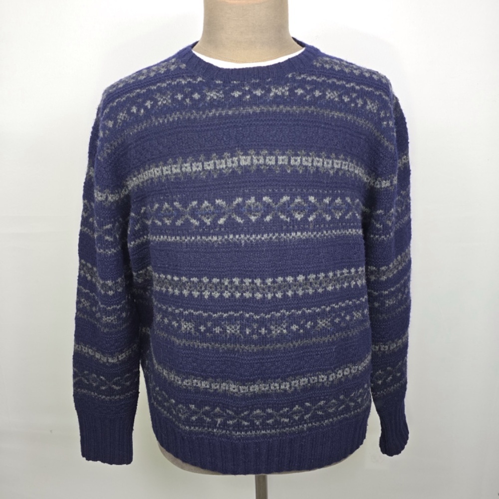 Vintage Polo Ralph Lauren XL Blue Fair Isle Lambswool Hand Knit Pullover Sweater - Picture 2 of 8